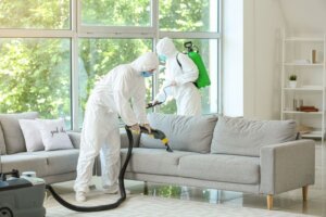 Technicians in protective suits cleaning a sofa during a hoarding and squalor clean up