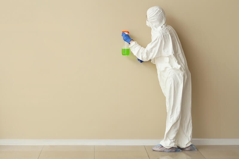 Technician in a protective suit and mask spraying a bare wall during a meth clean up